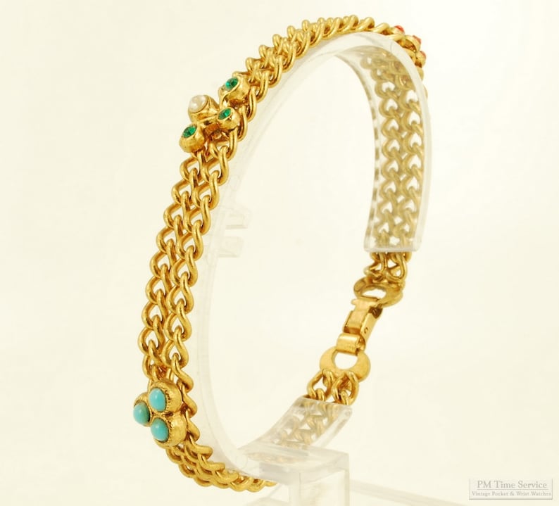 Vintage 7.5 gold-toned double-strand curb-link bracelet with multi-colored accents along the length image 1