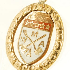 Vintage yellow gold filled & enamel fancy oval Modern Woodmen of America MWA pocket watch chain fob image 1