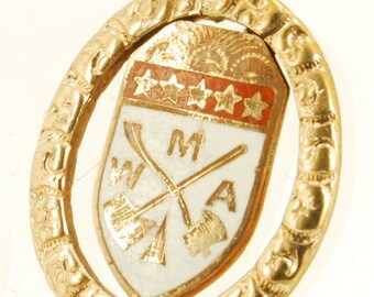 Vintage yellow gold (filled) & enamel fancy oval Modern Woodmen of America (MWA) pocket watch chain fob