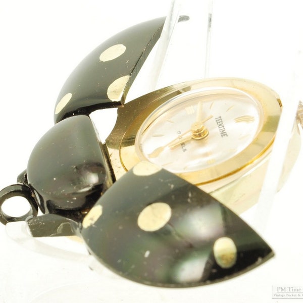 Teentime vintage ladies' pendant watch, 17 jewels, whimsical case in the shape of a ladybug's body, with gold-toned frame