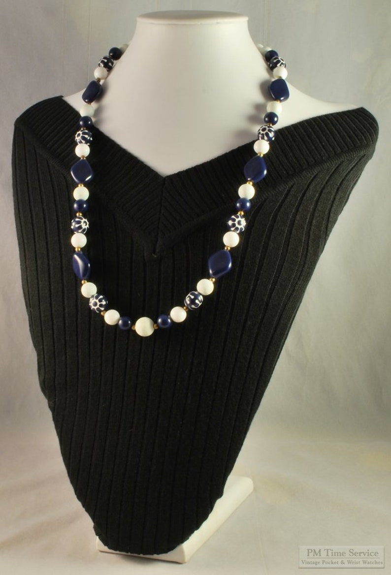 Wood, acrylic and brass 25 necklace with dark navy blue and pure white beads image 2