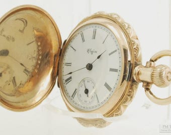 Elgin 113 vintage dameszakhorloge, maat 0, 11 juwelen, ongelooflijke veelkleurige geelgouden (gevuld) jachtkast met geschulpt frame