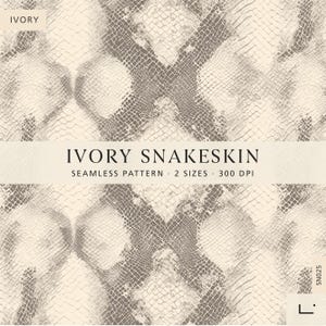 Könnte beinhalten: Ein nahtloses Muster mit einer elfenbeinfarbenen Schlangenhauttextur und braunen rautenförmigen Schuppen. Das Bild enthält den Text IVORY, IVORY SNAKESKIN, SEAMLESS PATTERN, 2 SIZES, 300 DPI und SN025 in einem klaren, professionellen Grafikdesign.