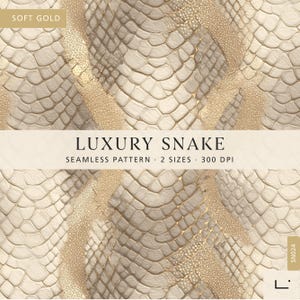 Könnte beinhalten: Ein nahtloses digitales Muster mit einer texturierten Schlangenhaut-Optik in Creme-, Beige- und sanften Goldtönen. Das Bild enthält den Text SOFT GOLD, LUXURY SNAKE, SEAMLESS PATTERN, 2 SIZES, 300 DPI, SN024 sowie ein kleines Logo.