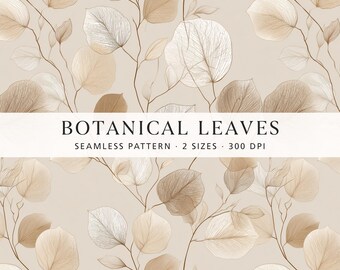 Neutrales botanisches Blättermuster, beiges digitales Papier, nahtloser minimaler Blattdruck, elegantes Stoffdesign, moderne Tapete, kommerzielle Nutzung