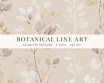 Minimale botanische Line Art-Wiederholungsmuster, neutrales Blatt-Digital-Papier, skandinavische nahtlose Tapete, Japandi-Stoffdesign