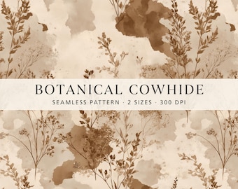 Herbst Botanische Kuh Druck Nahtlose Muster, Aquarell Kuhfell Digitales Papier, Neutral Beige Tierdruck, Rustikale Stoff- & Tapetendesign