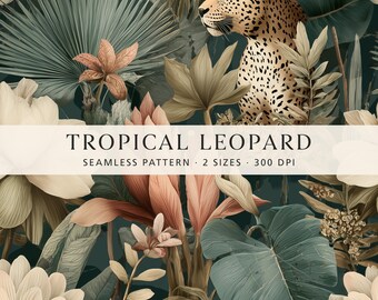 Luxuriöses tropisches Leopardenmuster, exotisches botanisches Digitalpapier, nahtlose Dschungeltapete, maximalistisches Stoffdesign, türkisfarbene Dekoration