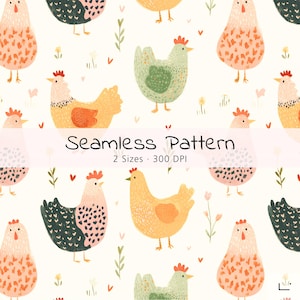 Puede incluir: Patrón sin costuras con ilustraciones coloridas de gallinas en varios colores, incluyendo amarillo, verde y rosa, con crestas rojas. El diseño incluye acentos florales y de corazón, con el texto "Seamless Pattern" y "2 Sizes • 300 DPI".