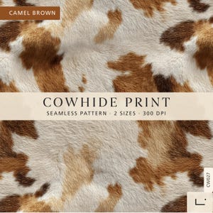 Puede incluir: Un gráfico digital que presenta un patrón sin costuras de estampado de piel de vaca en color marrón camello y blanco. La imagen incluye el texto CAMEL BROWN, COWHIDE PRINT, SEAMLESS PATTERN, 2 SIZES, 300 DPI y CW027. La textura imita piel animal.