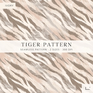 May include: Ivory, tan, and brown tiger stripe pattern. The text "TIGER PATTERN" is displayed in a bold, black font. The text "SEAMLESS PATTERN • 2 SIZES • 300 DPI" is displayed below the title.