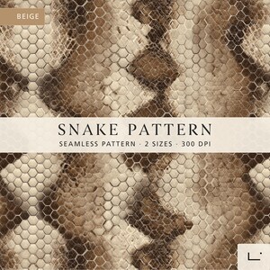 May include: A digital graphic featuring a beige and brown snake skin texture overlaid with a repeating hexagonal grid pattern. A central horizontal banner displays the text SNAKE PATTERN SEAMLESS PATTERN 2 SIZES 300 DPI in black lettering.