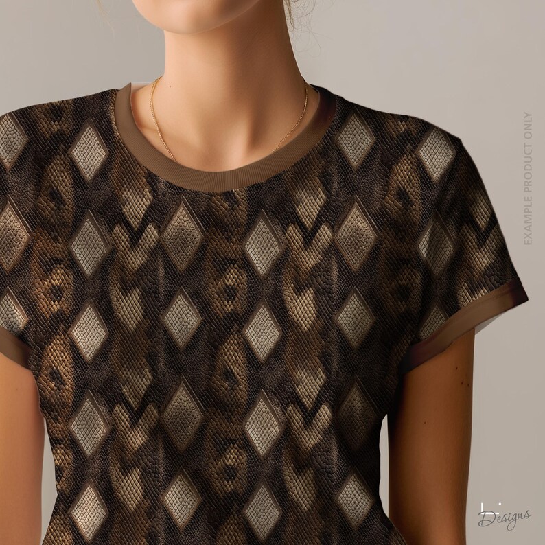 May include: A short-sleeved t-shirt featuring a dark brown and black snakeskin-inspired pattern with a repeating diamond motif. The garment has a solid brown crew neckline and matching brown sleeve cuffs. The text EXAMPLE PRODUCT ONLY is visible.