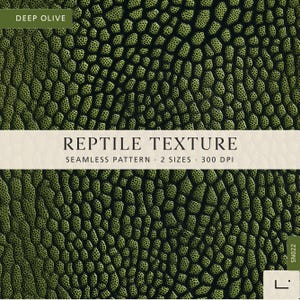 Könnte beinhalten: Ein nahtloses Reptilien-Texturmuster in Dunkelolivgrün mit einem sich wiederholenden Schuppendesign. Das Bild enthält den Text DEEP OLIVE, REPTILE TEXTURE, SEAMLESS PATTERN, 2 SIZES, 300 DPI und SN022 in einem klaren, professionellen Grafikformat.