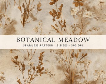 Neutrales Herbstblumenmuster, digitales Papier mit botanischem Wiesenmotiv, floraler Cottagecore-Stoff, nahtloser beigefarbener Kuhfell-Druck mit botanischem Motiv