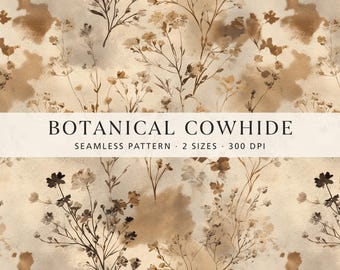 Botanisches Kuh-Druckmuster, neutrales digitales Papier, beigefarbenes Rindsleder, Stoffdesign mit Tiermuster, luxuriöse Tapete