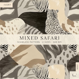 May include: A seamless pattern design titled MIXED SAFARI featuring an ivory colour palette with abstract animal prints including leopard spots, zebra stripes, and giraffe patterns. The text reads MIXED SAFARI, SEAMLESS PATTERN, 2 SIZES, 300 DPI, IVORY, and MS007.