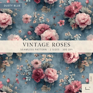 Può includere: Un motivo senza cuciture su sfondo blu polvere con rose rosa e piccoli fiori bianchi. Il testo recita DUSTY BLUE, VINTAGE ROSES, SEAMLESS PATTERN, 2 SIZES, 300 DPI e FL041. Il design mostra vari boccioli e teste di rose in fiore.