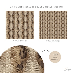 Puede incluir: Dos mosaicos digitales con patr&oacute;n de piel de serpiente en tonos beige y marr&oacute;n, etiquetados 4.096 x 4.096 px y 8.192 x 8.192 px, a 300 DPI. Incluye una vista previa circular al 100% que muestra la textura detallada de escamas hexagonales.