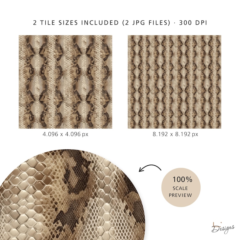 Puede incluir: Dos mosaicos digitales con patr&oacute;n de piel de serpiente en tonos beige y marr&oacute;n, etiquetados 4.096 x 4.096 px y 8.192 x 8.192 px, a 300 DPI. Incluye una vista previa circular al 100% que muestra la textura detallada de escamas hexagonales.