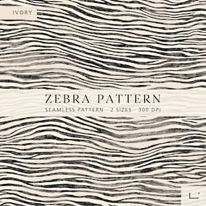 May include: An ivory-coloured background featuring a black zebra pattern. The text "ZEBRA PATTERN" is displayed, along with "SEAMLESS PATTERN • 2 SIZES • 300 DPI". The word "IVORY" is in the top left corner.