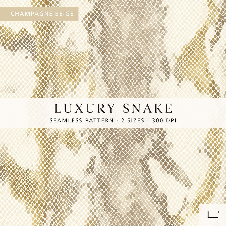K&ouml;nnte beinhalten: Ein nahtloses Muster mit einer champagner-beigen und goldenen Schlangenhauttextur. Das Bild enth&auml;lt den Text: CHAMPAGNE BEIGE, LUXURY SNAKE, SEAMLESS PATTERN, 2 SIZES, 300 DPI. Das Design zeigt ein sich wiederholendes Reptilienschuppen-Motiv.