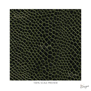 May include: A square-shaped material sample featuring a repeating, textured pattern of raised, olive-green scales against a deep black background. The surface mimics the appearance of reptile skin with a consistent, dense grid of organic shapes.