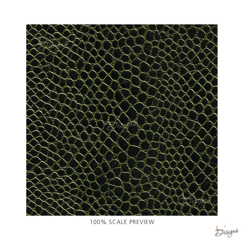 May include: A square-shaped material sample featuring a repeating, textured pattern of raised, olive-green scales against a deep black background. The surface mimics the appearance of reptile skin with a consistent, dense grid of organic shapes.