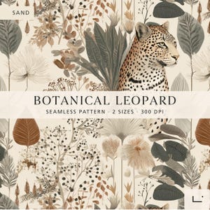 Botanical Leopard Pattern, Neutral Safari Digital Paper, Wildlife Animal Print, Jungle Nursery Wallpaper, Beige Fabric Repeat Pattern