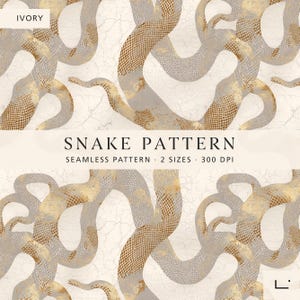 May include: A seamless digital snake pattern featuring intertwined serpents in shades of grey and metallic gold against an ivory background with a subtle crackle texture. The image includes the text IVORY, SNAKE PATTERN, SEAMLESS PATTERN, 2 SIZES, 300 DPI.