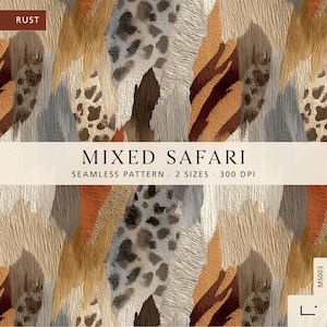 May include: A seamless pattern design titled MIXED SAFARI featuring a textured, painterly aesthetic with abstract animal print motifs in shades of rust, brown, beige, and gray. The image includes text RUST, MIXED SAFARI, SEAMLESS PATTERN, 2 SIZES, 300 DPI, and MS003.