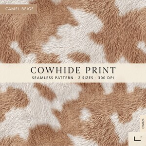 Puede incluir: Un patrón de estampado de piel de vaca sin costuras en color beige camello y blanco. La imagen incluye el texto CAMEL BEIGE, COWHIDE PRINT, SEAMLESS PATTERN, 2 SIZES, 300 DPI y CW024. La textura imita el pelaje animal con manchas irregulares.
