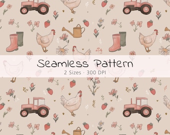 Pink Farm Seamless Pattern, Cute Chicken Tractor Digital Paper, Cottagecore Nursery Print, Strawberry Farm Surface Design, Commercial Use