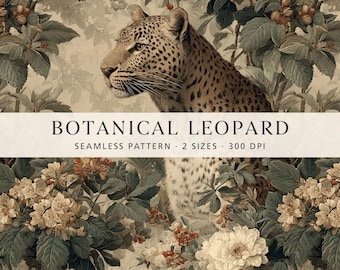 Französisches botanisches Leopardenmuster, Vintage-Schlosstapete, elegantes digitales Wildtierblumenmuster, luxuriöser nahtloser Stoff, gewerbliche Nutzung