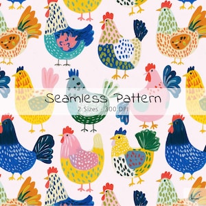 Peut inclure: Un motif sans couture avec des poulets stylisés et colorés dans diverses poses. Les poulets sont représentés en bleu, jaune, rose et orange, avec des crêtes rouges et des plumes à motifs. Le texte "Seamless Pattern" est affiché.