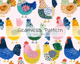Colorful Farm Chicken Seamless Digital Paper, Farmhouse Cottagecore Hen and Rooster Print Pattern, Cute Farm Art for Kids Decor & Fabric