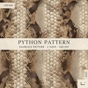 Könnte beinhalten: Eine digitale Grafik mit einem nahtlosen Python-Hautmuster in Creme-, Beige- und Dunkelbrauntönen. Das Bild enthält den Text CREAM, PYTHON PATTERN, SEAMLESS PATTERN, 2 SIZES, 300 DPI, SN023 sowie ein kleines Logo in der Ecke.