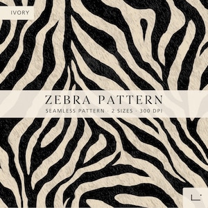 Pode incluir: Um padrão de zebra sem costuras com riscas pretas sobre um fundo marfim. Uma faixa branca horizontal no centro apresenta o texto ZEBRA PATTERN, SEAMLESS PATTERN, 2 SIZES, 300 DPI. O canto superior esquerdo diz IVORY e um pequeno logótipo encontra-se no canto inferior direito.