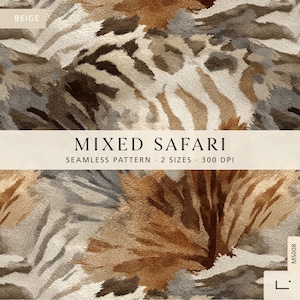 Op de afbeelding: Een naadloos patroon met een gemengde safari-dierenprint in tinten beige, bruin en grijs. De tekst luidt BEIGE, MIXED SAFARI, SEAMLESS PATTERN, 2 SIZES, 300 DPI en MS008. Het ontwerp toont getextureerde, abstracte vachtachtige markeringen.