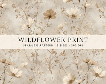 Neutrales Wildblumenmuster, Beiges Florales Digitales Papier, Wiesenblumen, Cottagecore Tapete, Nahtloses Stoffdesign, Botanischer Druck