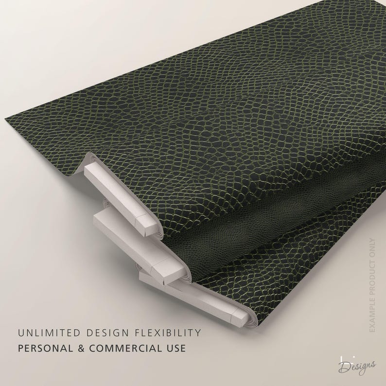 May include: A folded fabric featuring a dark black and olive green snakeskin pattern. The material has a textured, reptilian scale design across the surface. The text on the image reads UNLIMITED DESIGN FLEXIBILITY, PERSONAL & COMMERCIAL USE.