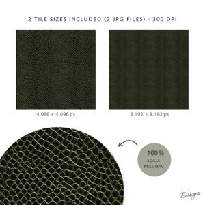 May include: Two digital files featuring a dark olive green reptile skin texture pattern. The text reads 2 TILE SIZES INCLUDED (2 JPG FILES) 300 DPI, 4.096 x 4.096 px, 8.192 x 8.192 px, and 100% SCALE PREVIEW. The design shows a repeating scale pattern.
