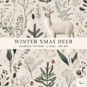 Könnte beinhalten: Ein nahtloses Muster mit einem weißen Hirsch mit Geweih, umgeben von botanischen Elementen wie Tannenzweigen, Tannenzapfen und verschiedenen Blättern auf elfenbeinfarbenem Grund. Der Text lautet IVORY, WINTER XMAS DEER, SEAMLESS PATTERN, 2 SIZES, 300 DPI, D009.