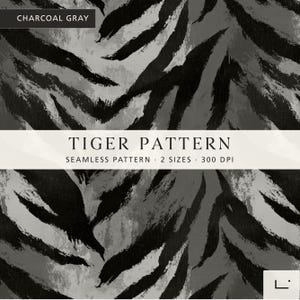 Träkolsgrå tiger sömlöst mönster, mörkt djurtryck digitalt papper, grunge safari textur, modern zebra stil tygdesign, kommersiellt bruk