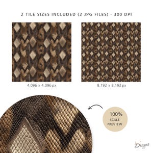 May include: Two digital files featuring a brown and tan snakeskin pattern with a diamond motif. The text reads 2 TILE SIZES INCLUDED (2 JPG FILES) &middot; 300 DPI, 4.096 x 4.096 px, 8.192 x 8.192 px, 100% SCALE PREVIEW, and Designs.