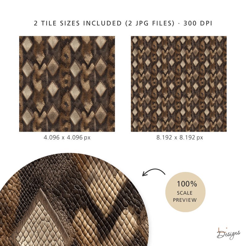 May include: Two digital files featuring a brown and tan snakeskin pattern with a diamond motif. The text reads 2 TILE SIZES INCLUDED (2 JPG FILES) &middot; 300 DPI, 4.096 x 4.096 px, 8.192 x 8.192 px, 100% SCALE PREVIEW, and Designs.