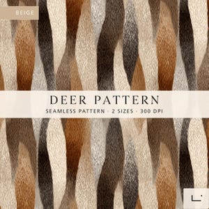 Könnte beinhalten: Ein nahtloses digitales Muster mit vertikalen wellenförmigen Streifen in Beige-, Hellbraun- und Dunkelbrauntönen. Das Design enthält den Text BEIGE, DEER PATTERN, SEAMLESS PATTERN, 2 SIZES, 300 DPI und ein kleines Logo in der Ecke.