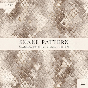 Könnte beinhalten: Ein nahtloses digitales Schlangenmuster in Elfenbein- und Beigetönen mit texturiertem Schuppendesign. Das Bild enthält den Text IVORY, SNAKE PATTERN, SEAMLESS PATTERN, 2 SIZES, 300 DPI und ein kleines Logo in der unteren rechten Ecke.