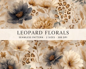 Elegantes botanisches Leopardenmuster, neutrales florales Digitalpapier, luxuriöser Stoff mit Tiermotiven, nahtloser beigefarbener Blumendruck