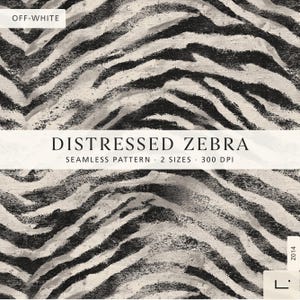 Może przedstawiać: Bezszwowy wzór z postarzanym nadrukiem zebry w kolorze czarnym i złamanej bieli. Obraz zawiera tekst OFF-WHITE, DISTRESSED ZEBRA, SEAMLESS PATTERN, 2 SIZES, 300 DPI oraz Z014. Projekt przedstawia teksturowany, zwietrzały motyw zwierzęcych pasków.
